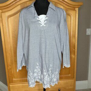 Alfred Dunner, Size 18 Blue & White Tie at Collar, Embroidered Blouse